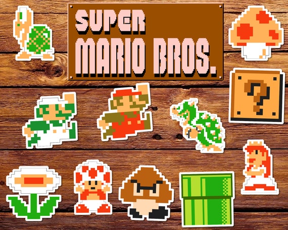 Mario Retro 8 Bit NES, Super Mario Bros Set of 11 Stickers | Vinyl Stickers