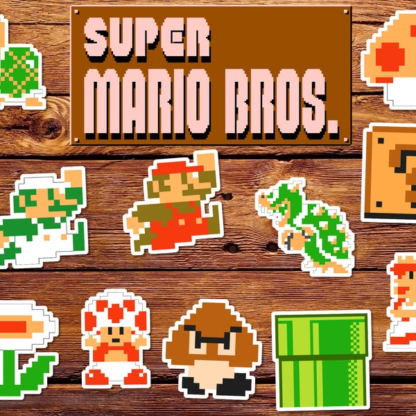 Mario Retro 8 Bit NES, Super Mario Bros Set of 11 Stickers | Vinyl Stickers