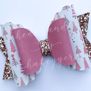 Gold and Pink Christmas Tree Bow Hair Clip, Girls Hair Clip, Holiday Hair Bow, Christmas Hair Bow, Gold Glitter Hair Bow, Photo Prop