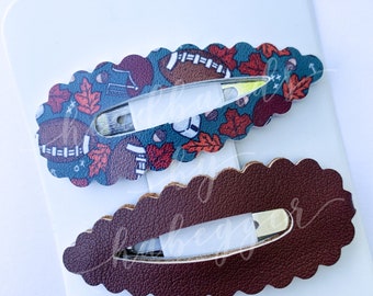 Set of TWO Teal and Brown Football Clips, Sports Snap Clips, Football Hair Bow Clips, Football Team Snap Clips, Buccaneers Snap Clips