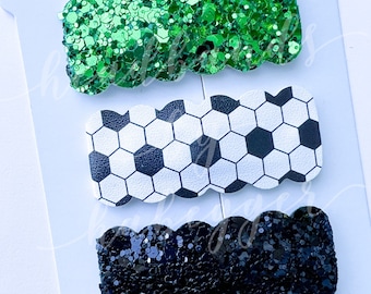 Set of THREE Green and Black Soccer Snap Clips, Sports Snap Clips, Team Hair Bow Clips, Soccer Hair Clip, Pig Tail Bows