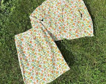 60s Flower Power XS Orange White Blazet Skirt Set