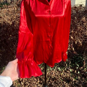 80s Johanna Cherry Red Satin Long Sleeve Puff Sleeve Large Glam Rock ...