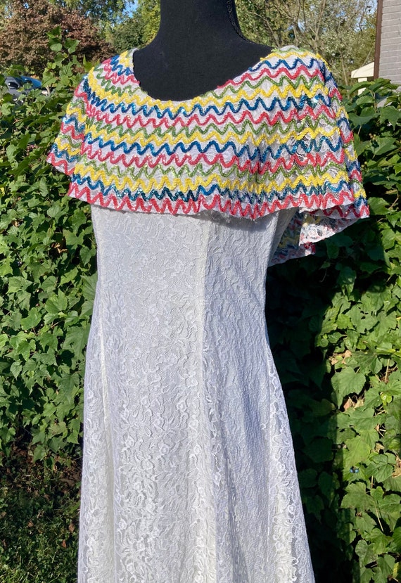 60s/70s Sequin Rainbow Mexican Wedding White Lace… - image 8
