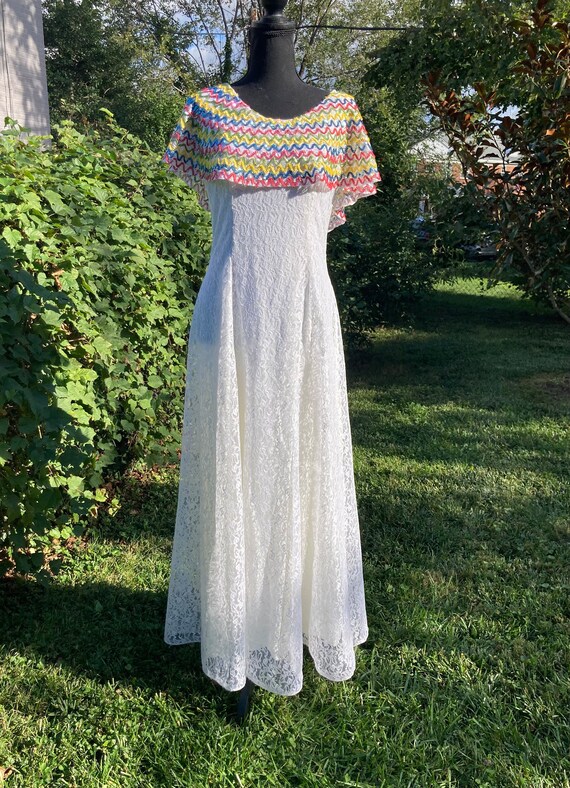 60s/70s Sequin Rainbow Mexican Wedding White Lace… - image 6