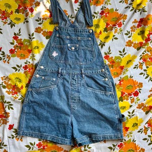 90s Y2K Carolina Blues Denim Butterfly Patch Carpenter Bibb Overall Shorts