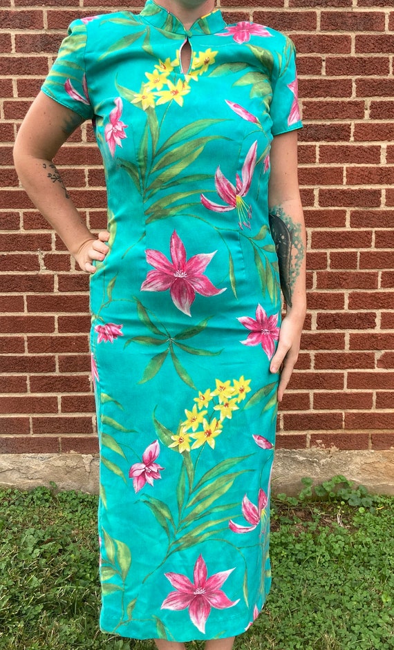 80s Floral Silk Blue Kimono Hawaiian Dress