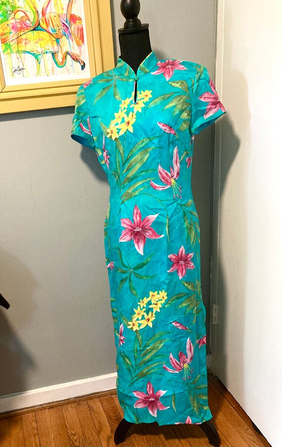 80s Floral Silk Blue Kimono Cheongsam Hawaiian Dre