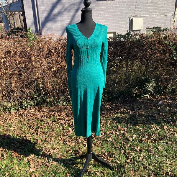 70s Garfinckels Boutique Dark Forest Green Stretch Long Sleeve V Neck Knit Wool Blend Sweater Dress