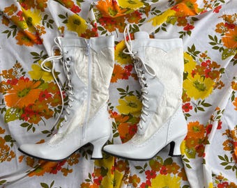 80s Repro Retro White Victorian Lace Ellie Ankle Boots Heels