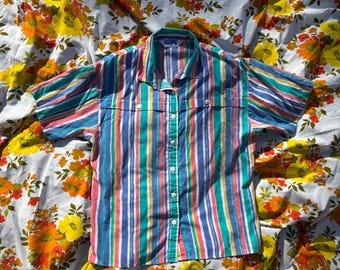 80s Vertical Striped Rainbow Cape Cod Buttondown Collared Shirt