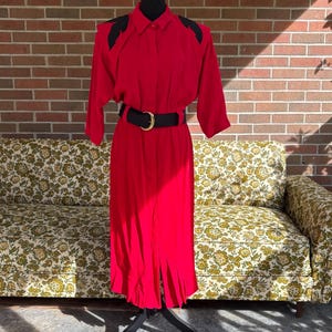 80s Country Western Dress: Red & Black Pleated Skirt, Belted Midi
