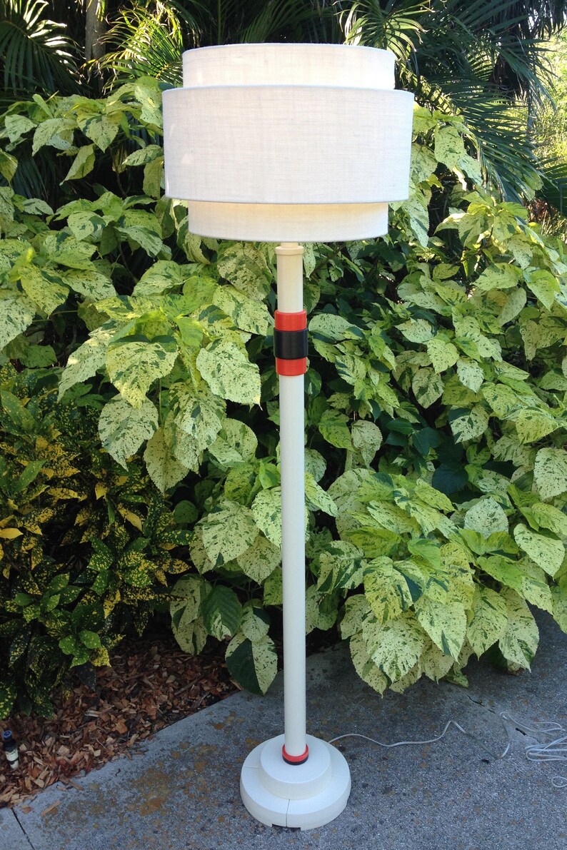 Coastal Modern Wood Floor Lamp Base In Off White With Black And Hot Red Accents Free To Lower 48 States