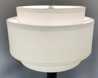 3-Tier Hardback Lamp Shade, Mid-Century Modern White Cotton 14" Handmade USA
