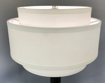 3-Tier 14" hardback lamp shade in white cotton fabric with edge accent, good for large and medium table lamps