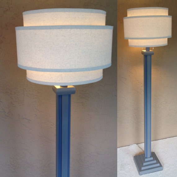 Retro Modern Wood Floor Lamp Base In Dolphin Gray With Blue Trim Without Shade 3 Way Led Bulb Free To Lower 48 States