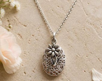 Flower Essential Oil Diffuser Necklace: Sterling Silver Aromatherapy Pendant