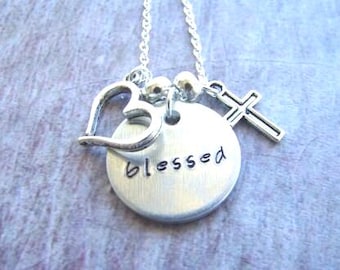 Hand Stamped "Blessed" Sterling Silver Necklace: Heart & Cross Charms