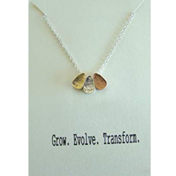 Grow. Evolve. Transform. Triple nugget dainty necklace, tri-color nugget pendant, Gift of Inspiration, Little Gift of Kindness