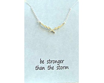 Be stronger than the storm pendant necklace, lightning bolt pendant, encouragement, layering necklace, double lightning bolts