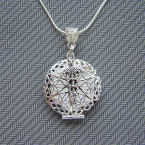 May include: Silver necklace with a round locket featuring a delicate filigree design and a small, stylized caduceus symbol.