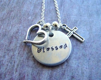 Handstamped BLESSED Necklace, Charm Necklace, Religious Jewelry, Gift For Her