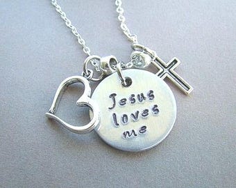 Handstamped "Jesus Loves Me" Sterling Silver Necklace with Cross & Heart