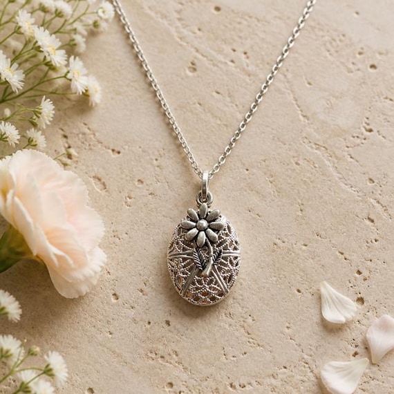 Flower Essential Oil Diffuser Necklace: Sterling Silver Aromatherapy Pendant