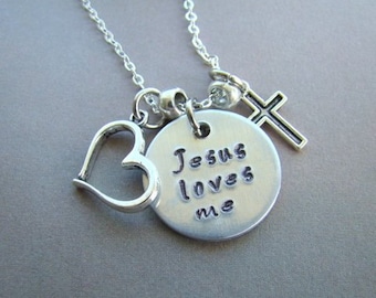 Handstamped JESUS LOVES ME Necklace, Charm Necklace, Religious Jewelry, Gift For Her