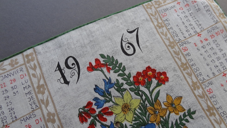 Vintage 1967 Calendar Swiss Cotton Hankie Handkerchief with Folk Theme