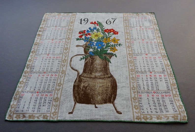 Vintage 1967 Calendar Swiss Cotton Hankie Handkerchief with Folk Theme