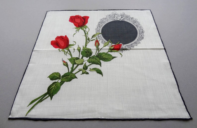 Vintage Swiss Cotton Hankie Handkerchief Roses and Mirror