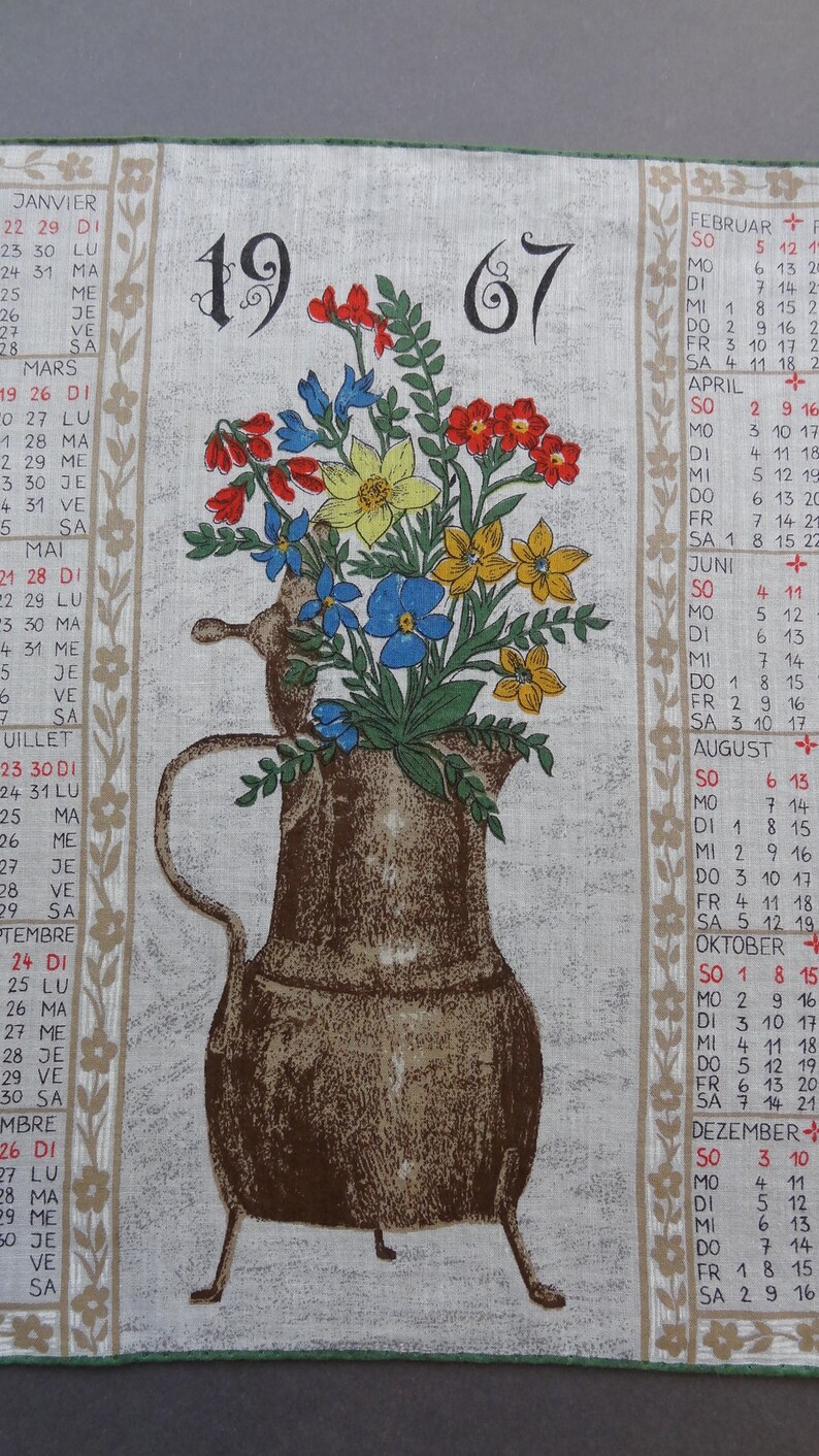 Vintage 1967 Calendar Swiss Cotton Hankie Handkerchief with Folk Theme