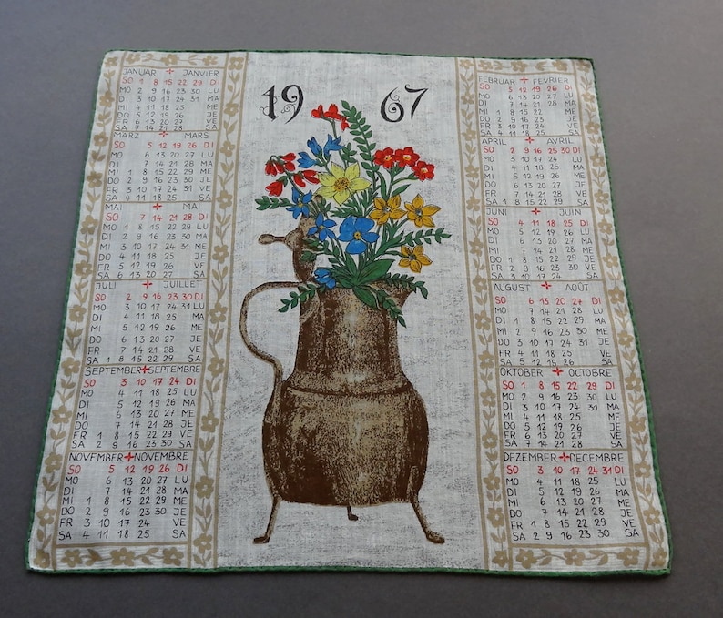 Vintage 1967 Calendar Swiss Cotton Hankie Handkerchief with Folk Theme