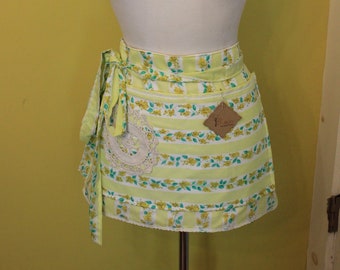 Vintage hostess half apron/waist ties/doilie upcycled adornment/lined/vintage fabrics/Mothers day gift/Hostess gift