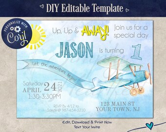 DIY Blue Airplane Birthday Invitation Invite Personalized Digital