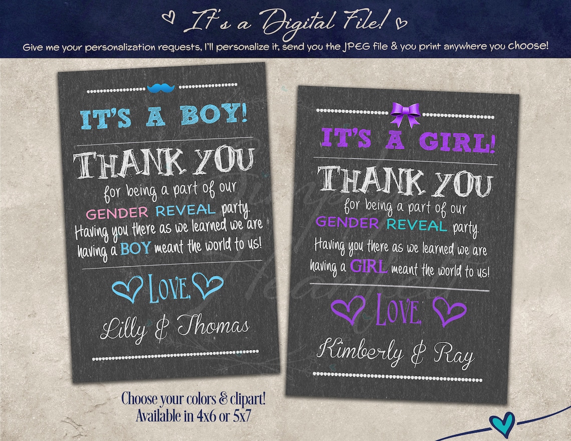 Gender Baby Reveal Chalkboard Thank You Card Note Personalized Etsy