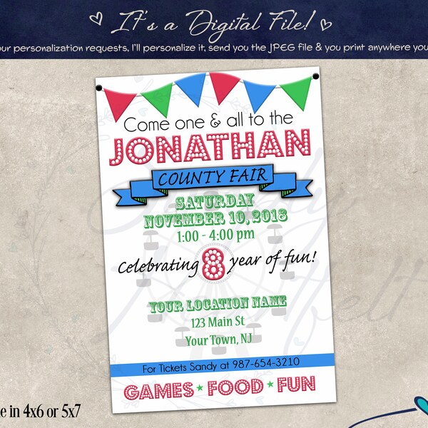 County Fair Carnival Birthday Party Invitation Invite Personalized