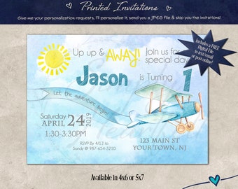 PRINTED Super Sweet & Cute Blue Airplane Sun Birthday Party Invitation Invite Personalized Custom