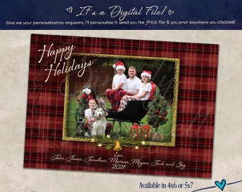 Christmas Holiday Red & Sparkling Gold Plaid Personalized Digital Card