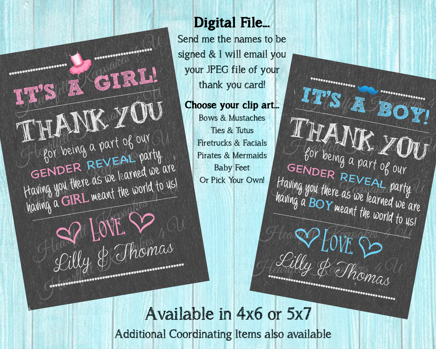 gender baby reveal chalkboard thank you card note personalized