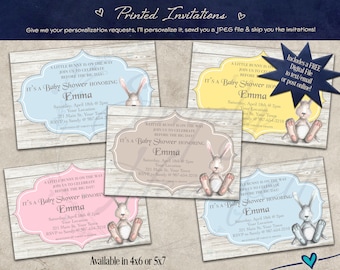 PRINTED  Cute Bunny Rabbit Baby Shower Party Invitation Invite Personalized Custom Digital Blue, Yellow, Pink, Beige