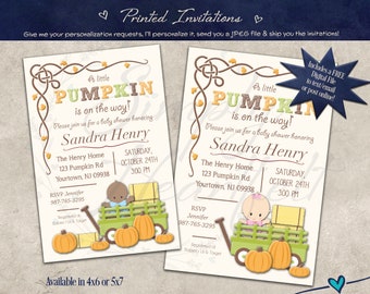 PRINTED Little Pumpkin Fall Wagon Baby Shower Invitation Boy Girl Party Invite Personalized