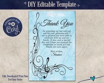 DIY Music Note Bat Mitzvah Thank You Card Personalized Digital