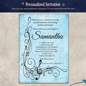 Musical Bat Mitzvah Party Invitation Invite Personalized Custom Customized Digital Printed