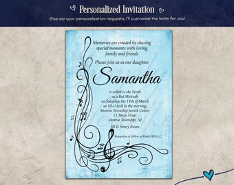 Musical Bat Mitzvah Party Invitation Invite Personalized Custom Customized Digital Printed