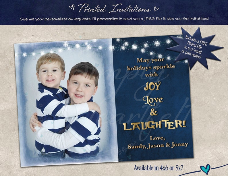 PRINTED Christmas Holiday Joy Love Laughter Personalized Photo Card image 1