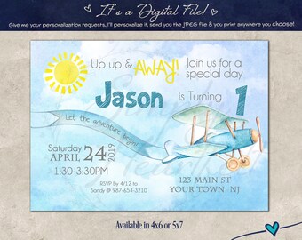 Super Sweet & Cute Blue Airplane Sun Birthday Party Invitation Invite Personalized Custom