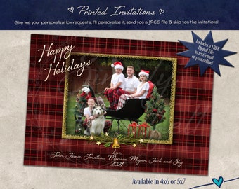 PRINTED Christmas Holiday Red & Sparkling Gold Plaid Personalized Card
