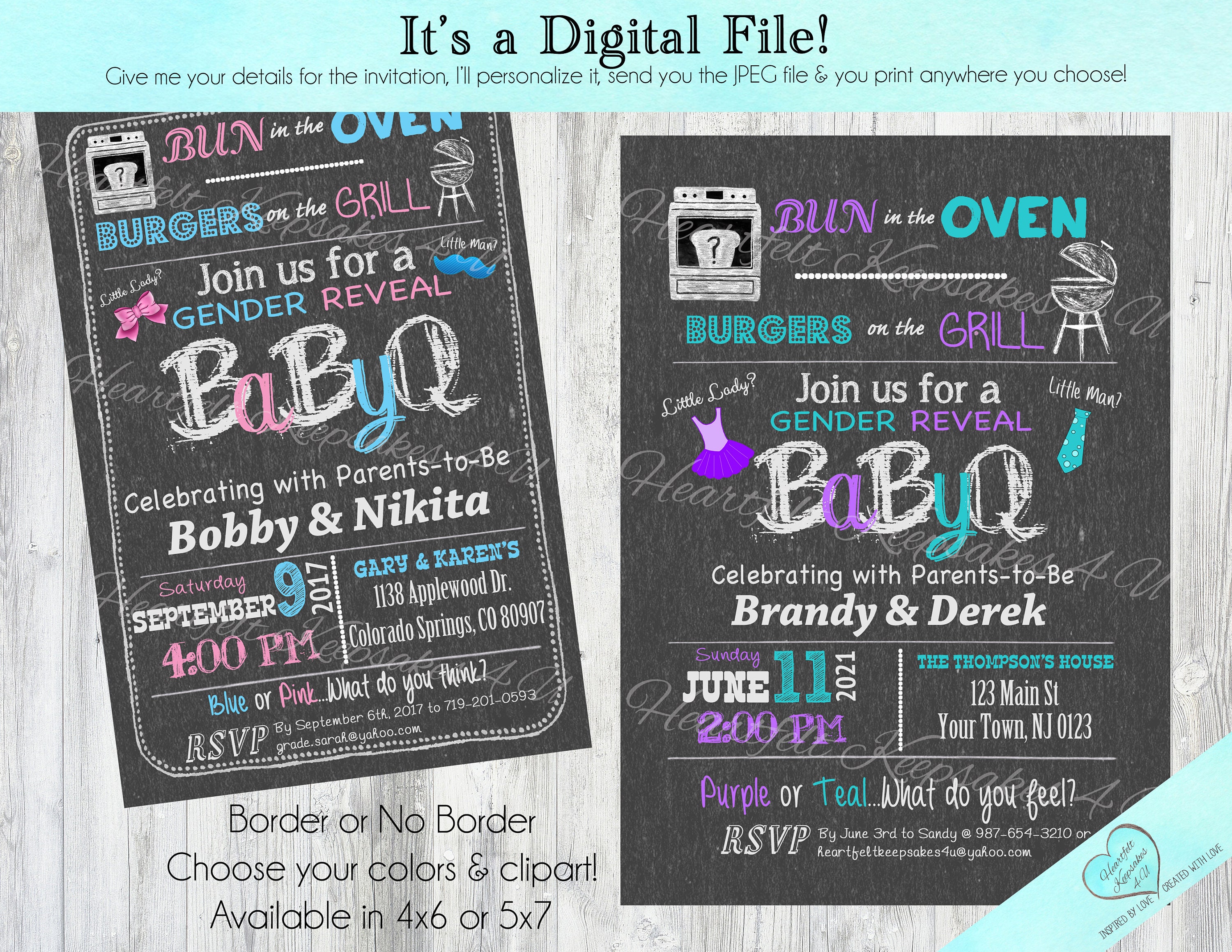 Gender Reveal Chalkboard Party BBQ Purple Teal Pink Blue Invitation I…